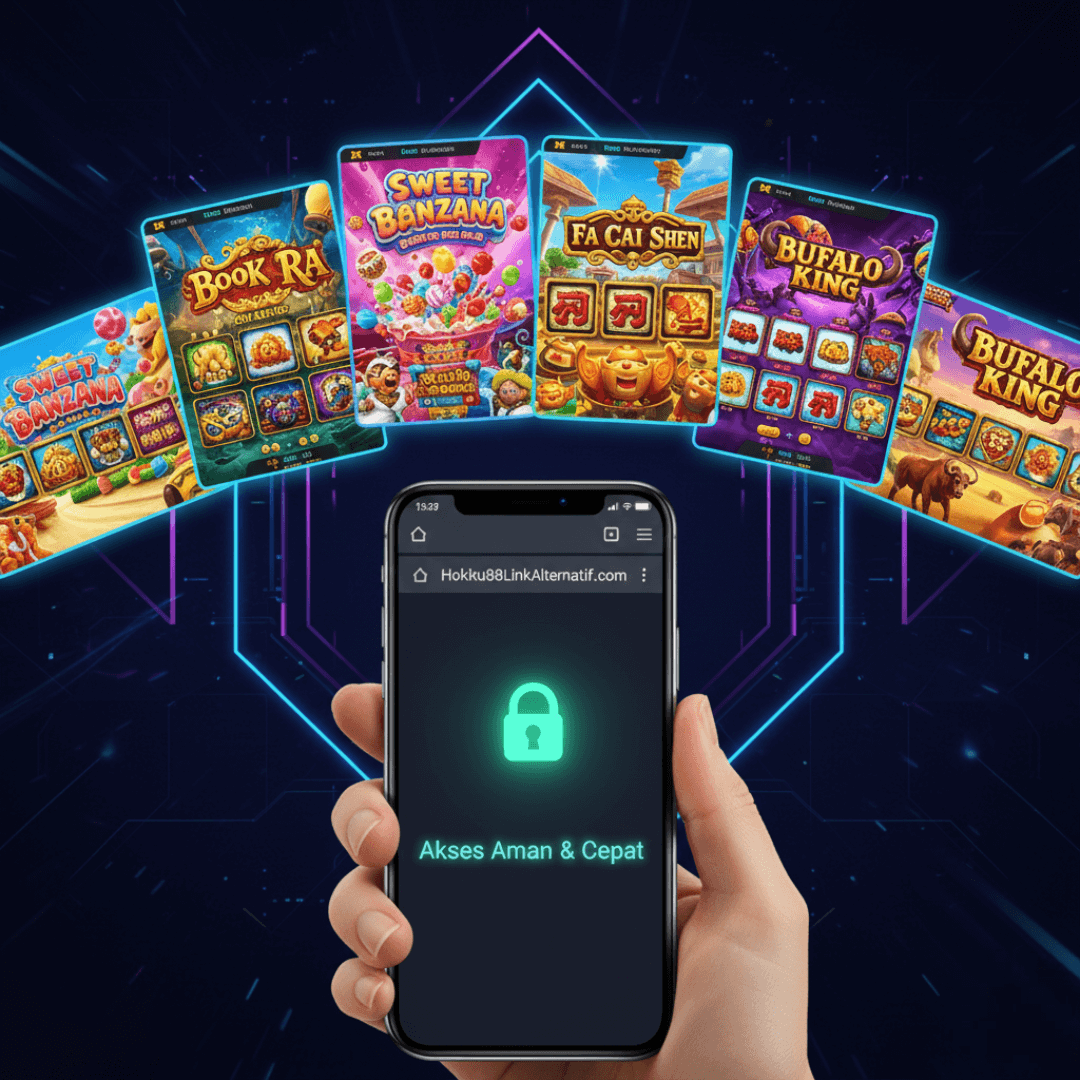 Ilustrasi dinamis menampilkan berbagai macam game slot online yang berwarna-warni, dengan sebuah smartphone di bagian depan yang menunjukkan ikon gembok aman, melambangkan solusi akses melalui link alternatif.