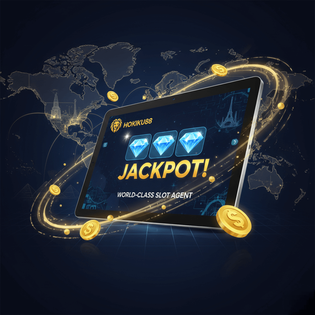 Ilustrasi digital Hokiku88 sebagai agen slot kelas dunia dengan tablet menampilkan kemenangan jackpot dan latar belakang peta global.