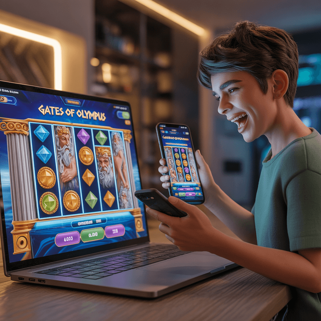 Pemain sedang bermain slot Gates of Olympus online di laptop dan smartphone dengan simbol Zeus dan permata muncul di layar, menikmati pengalaman interaktif di Win11bet