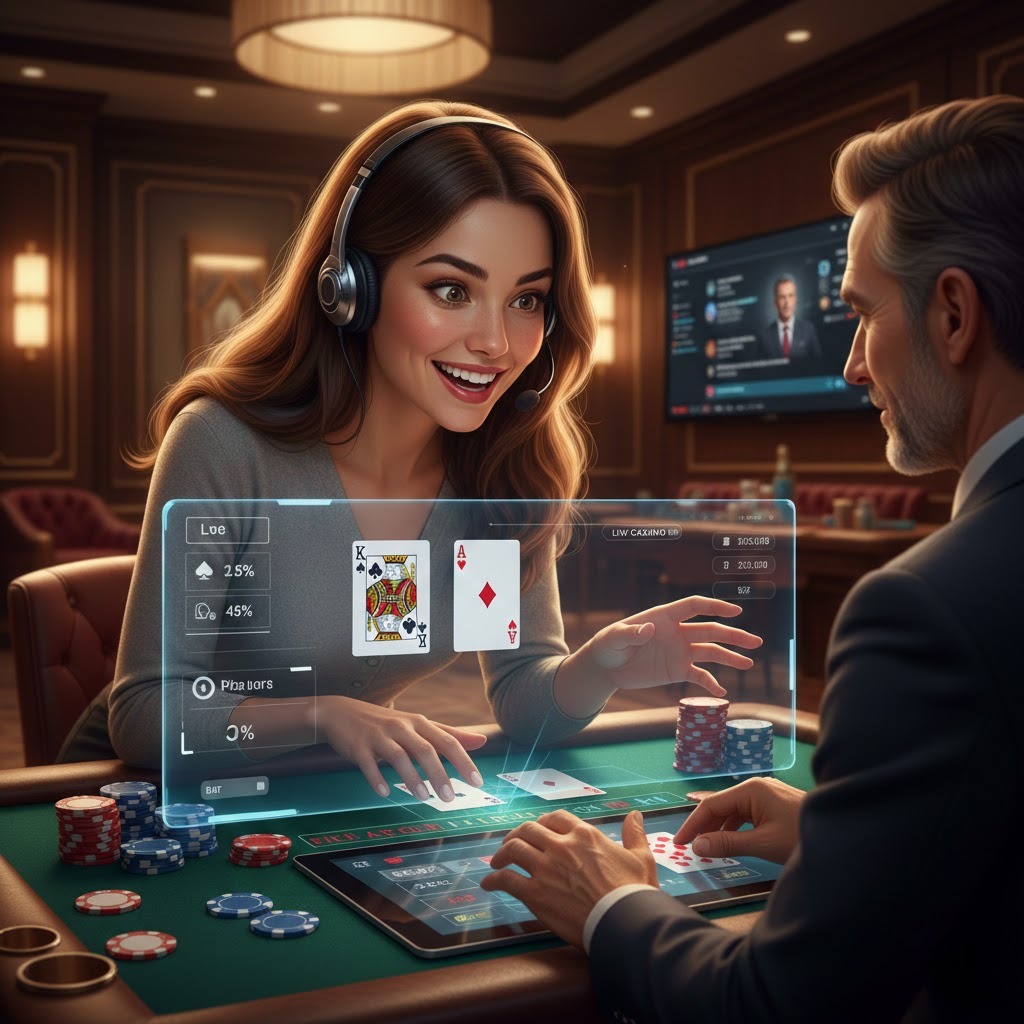 Pemula menikmati pengalaman live casino real-time dengan dealer nyata, chip dan kartu di meja blackjack, suasana kasino modern elegan, menggunakan Hokiku88 Login