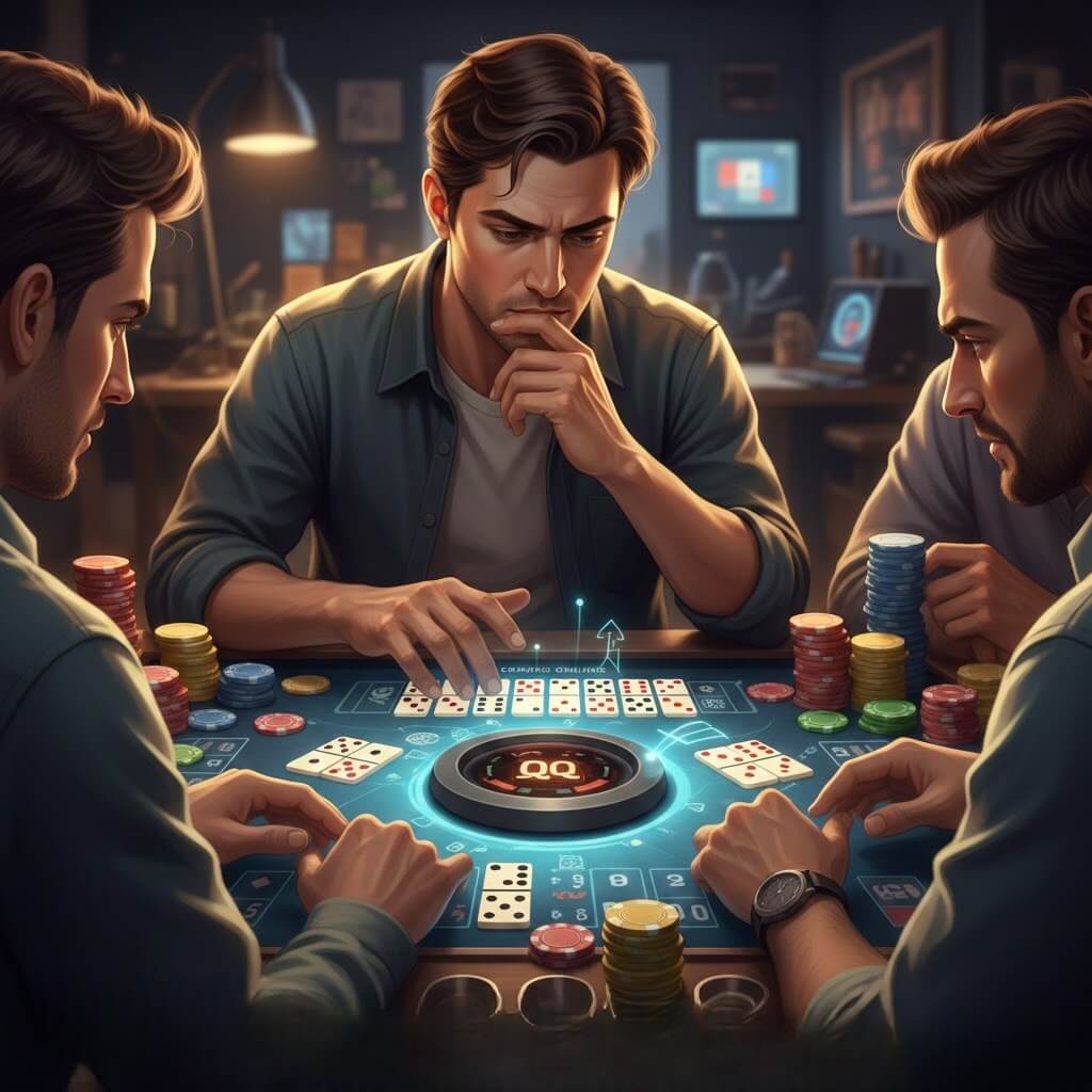 Pemain Domino QQ online menyusun kartu di meja digital dengan chip