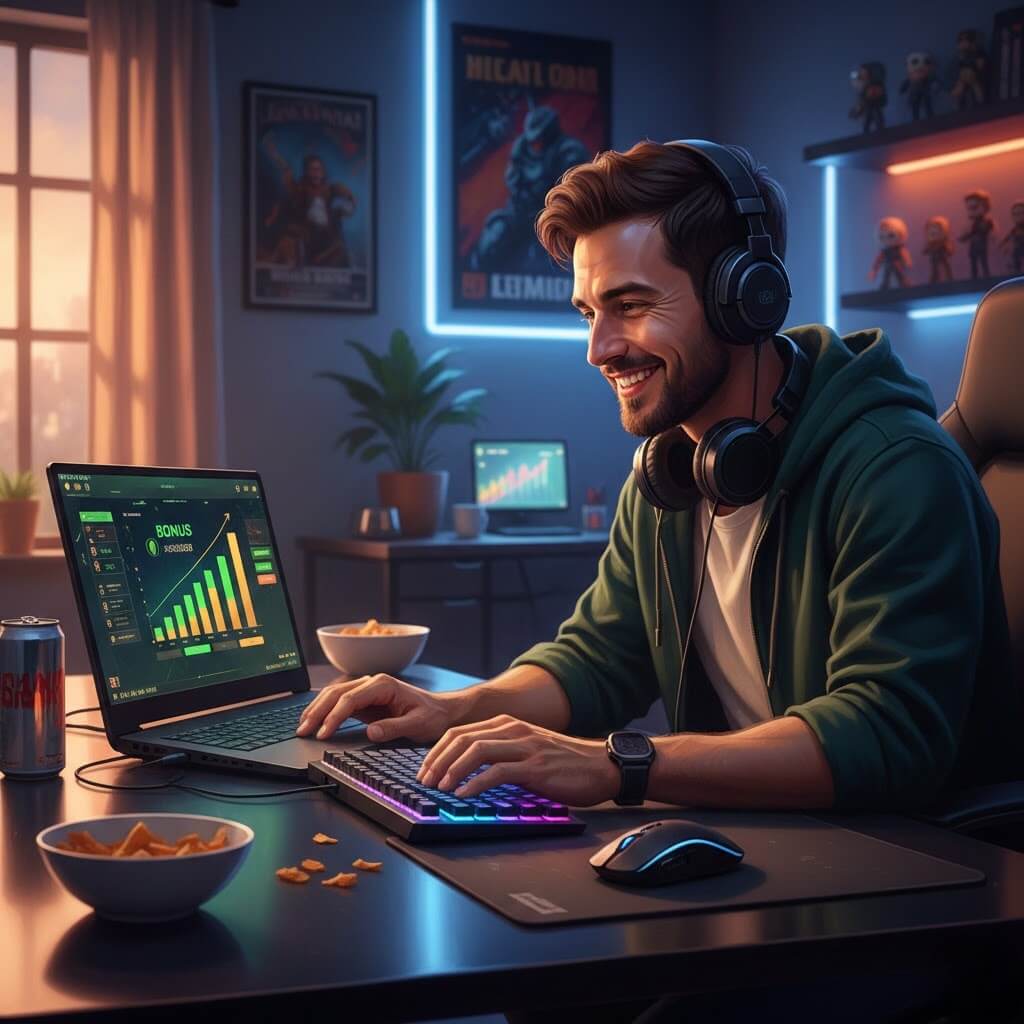 Gamer menikmati bonus minimal deposit di laptop