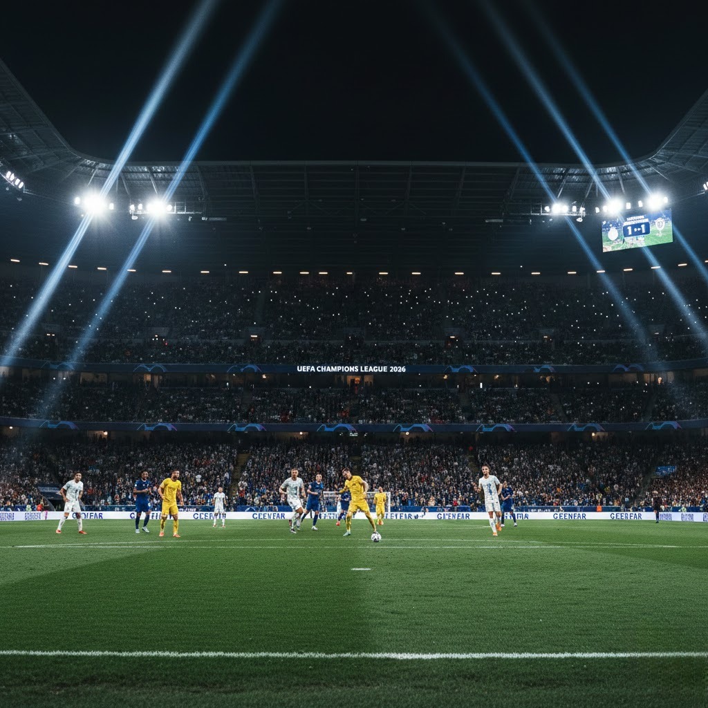 Liga Champions 2026 dengan suasana stadion malam hari dan atmosfer pertandingan Eropa