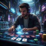 Gamer fokus bermain blackjack online di casino Hokijoss dengan dealer virtual, kartu, chip taruhan, dan leaderboard global.